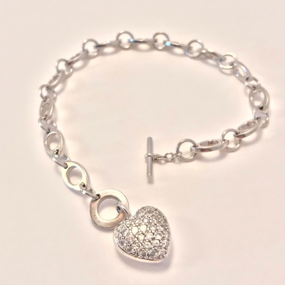 Diamond Simulated Platinum over Sterling Silver Heart Toggle Bracelet - Picture 4 of 5
